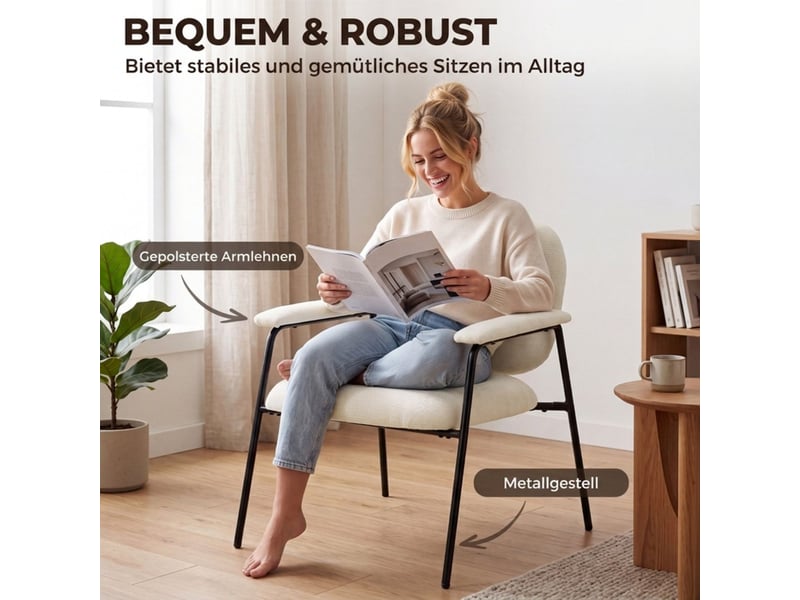  Fauteuil 2 pièces à revêtement en chenille accoudoirs rembourrés structure en métal coloris blanc crème  - Conforama E