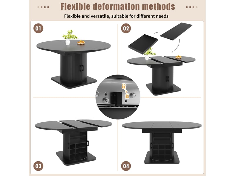  Table de salle à manger extensible 118x118 cm – noir – rangement caché, plateau mdf et structure métal  - Conforama E