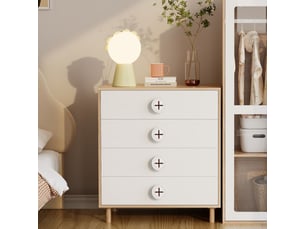 Commode 4 tiroirs 80 x 54 x 90 cm design contrasté blanc et bois naturel, anti-basculement, pratique et robuste, mdf