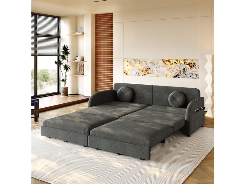  Canapé-lit 2 places 206x84x90 cm 3-en-1, poche latérale, canape droit en métal, bois, mousse et tissu chenille gris  - Conforama B