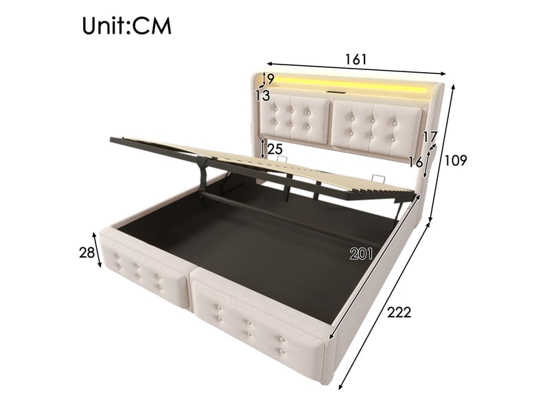  Lit rembourré 160 × 200 cm 2 places avec led réglable, prises, usb, type-c et coffre, matelas inclus, beige  - Conforama D