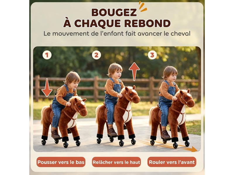  Cheval debout mobile en peluche effets sonores hennissement galop selle marron  - Conforama E
