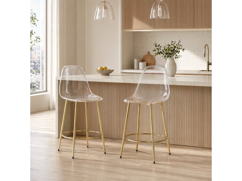  Lot de 2 tabourets de bar avec dossier et repose-pieds - lpospi - assise 66 cm, pet, métal - transparent et doré  - Conforama B