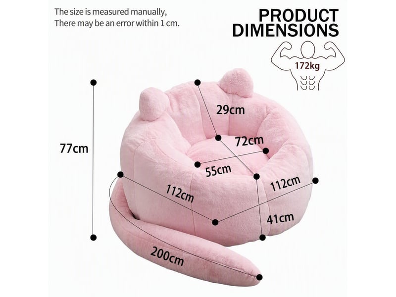  Fauteuil poire adulte forme chat 112x112x77 cm, confort moelleux, revêtement velouté rose, sans installation  - Conforama C