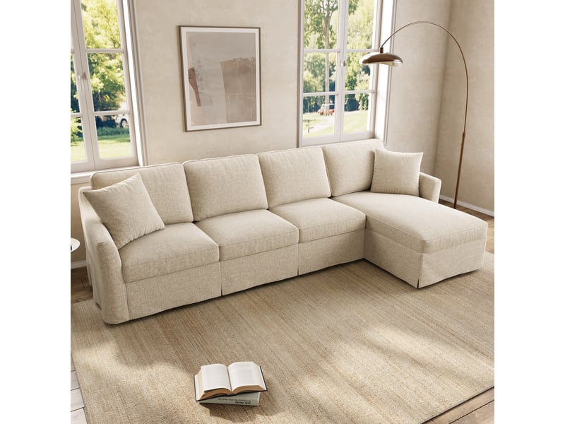 Canapé d'angle en l 4 places 274 cm beige en coton-lin, méridienne coffre et housses lavables Fay Lum - Conforama B