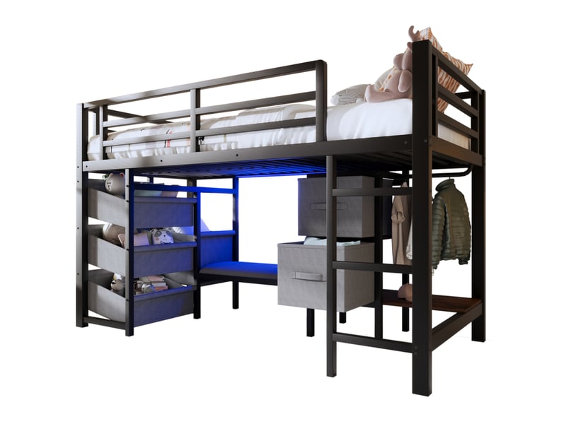  Lit mi-hauteur 90x200 cm en métal noir avec led, rangement et assise  - Conforama A