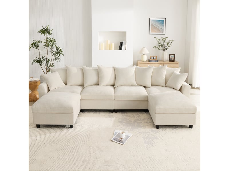  Canapé d'angle, canapé modulable, 6 places, en chenille, beige, repose-pieds, pour salon et séjour, usb  - Conforama D