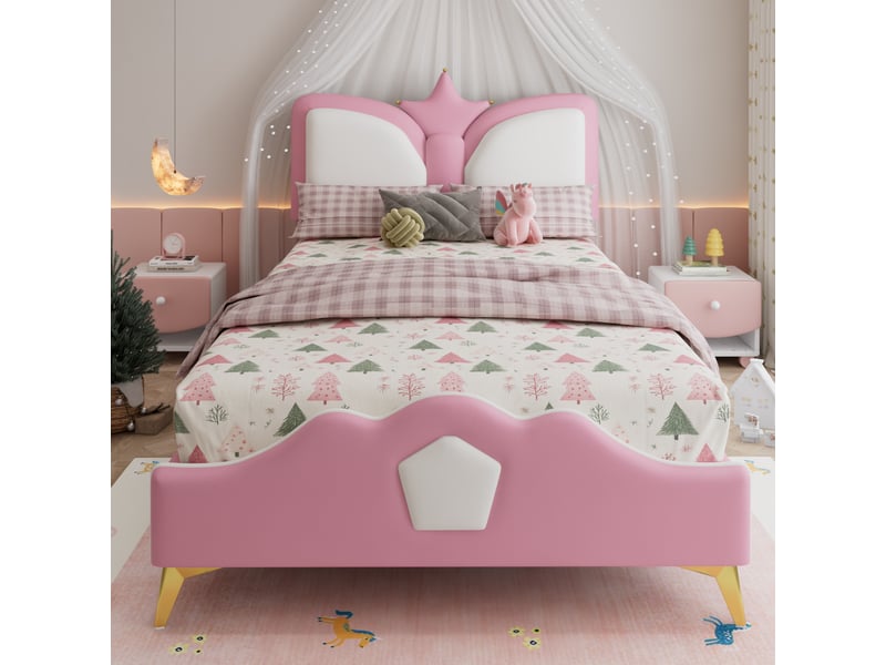  Lit enfant fille rembourré 90x200cm - tête de lit en forme de couronne - bord en mousse anti-collision - rose+blanc 208x95.5x104cm - Conforama A