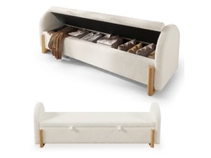 Banc de lit avec coffre de rangement 166 cm blanc - banquette capitonnée en tissu bouclette avec pieds en bois massif