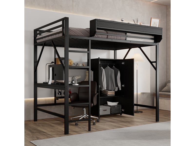  Lit mezzanine noir avec rangement et bureau intégré, sommier inclus  - Conforama E