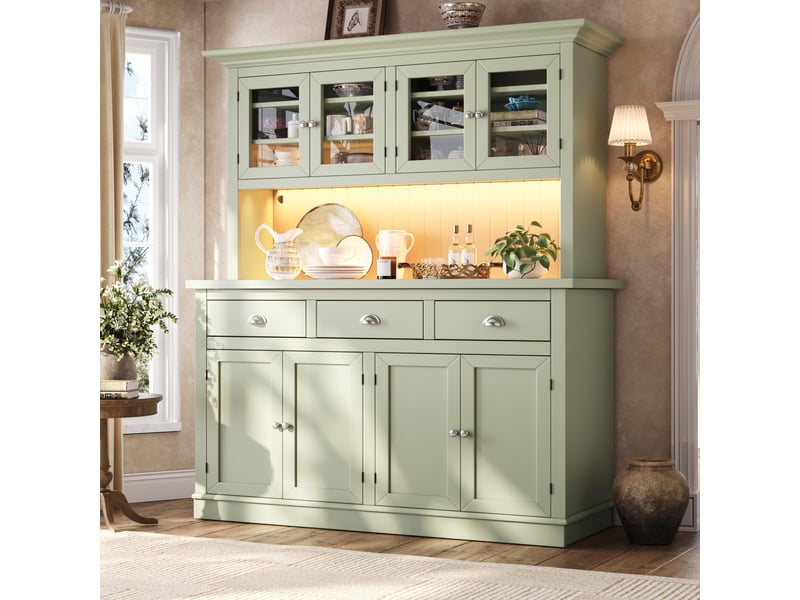  Buffet de cuisine haut 140x40x180 cm buffet vitrine avec 6 portes vitrée, 3 tiroirs étagères réglables, led rgb, vert Seren Glow - Conforama D