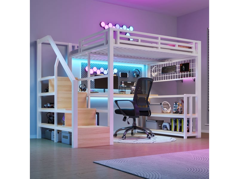  Lit mezzanine 140x200, structure métal robuste lit mezzanine avec bureau, garde-corps haut, escalier avec rangement, led, usb type-c  - Conforama A