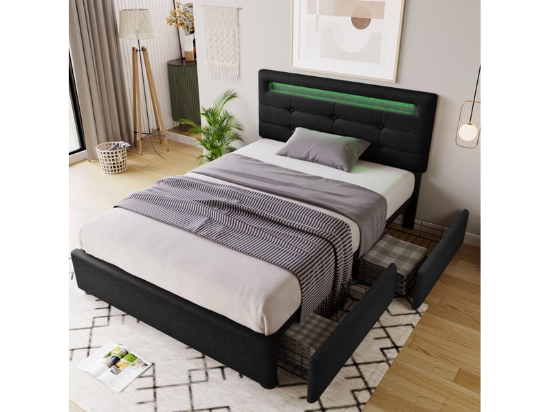 Lit rembourré tcqpz 90 x 200 cm noir led 2 tiroirs tête de lit réglable sommier à lattes en bois - Conforama E