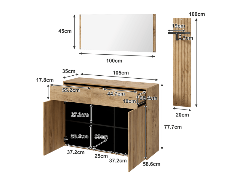 Meuble d'entrée avec miroir, penderie, 2 portes, 2 tiroirs et étagères réglables, naturel et noir, 125 × 35 × 178 cm - Conforama D