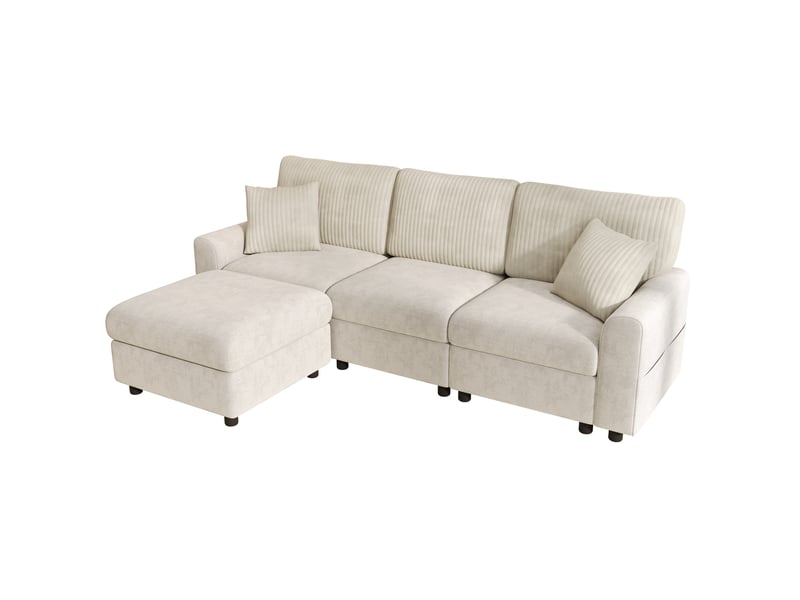Canapé d'angle 223x146x84 cm, 1 pouf, 2 coussins carrés, ports usb et type-c, chenille et corduroy beige - Conforama A