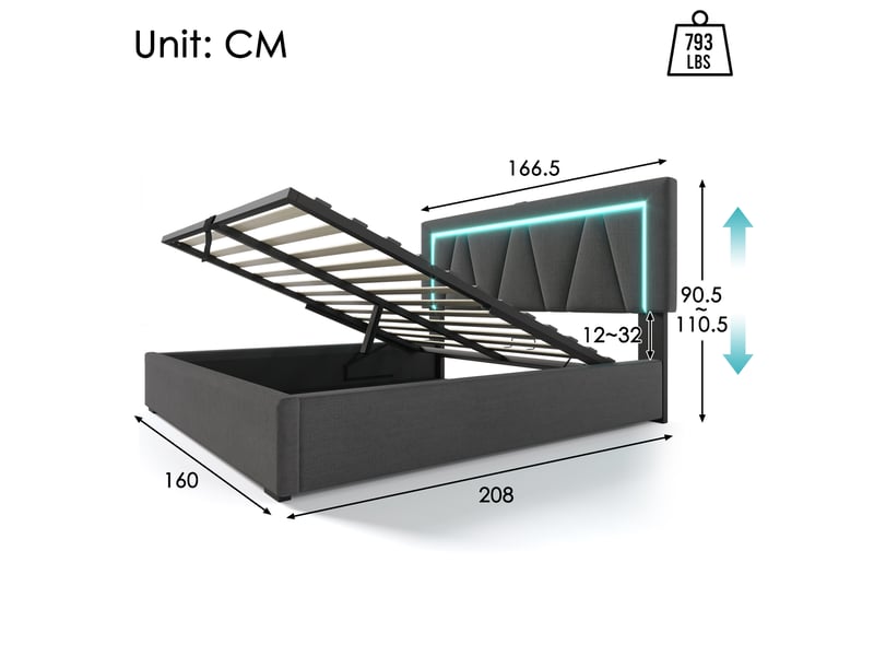  Lit rembourré rayofi 160x200 avec led intégrées, ports usb et chargeur type-c, sommier à lattes, cadre lin, matelas inclus ABMA434142G - Conforama B