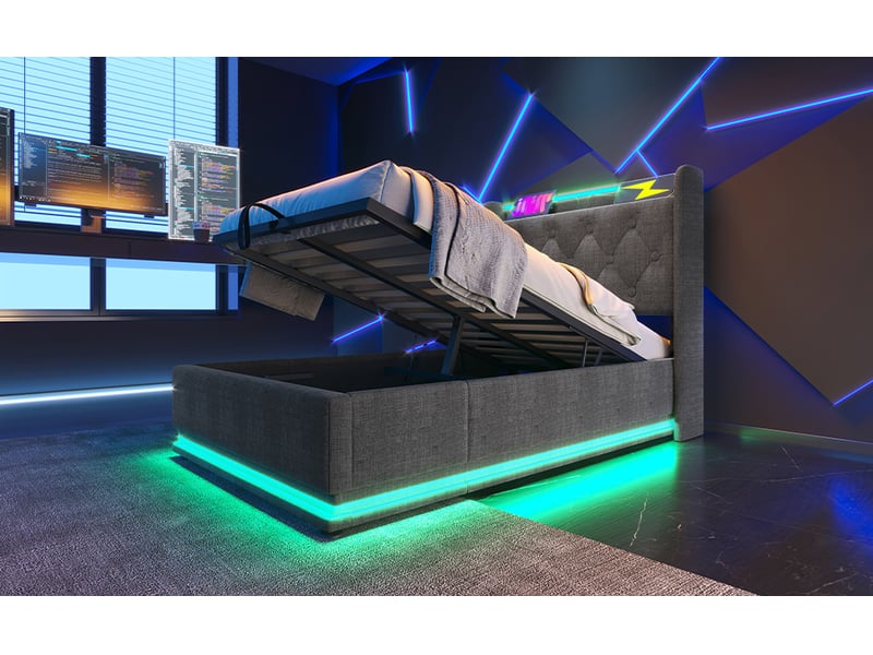  Lit coffre 90x200 cm - lit coffre capitonné simple avec rangement hydraulique, led et ports usb-c, tissu lin gris, matelas inclus  - Conforama D