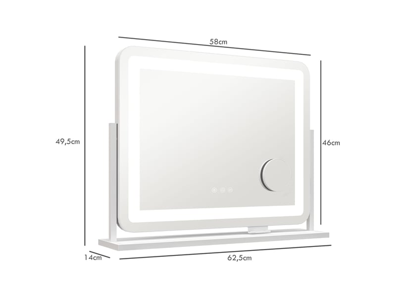 Miroir de courtoisie pivotant 58 x 46 cm avec 3 modes d'éclairage réglables, interrupteur tactile, miroir grossissant, blanc - Conforama E