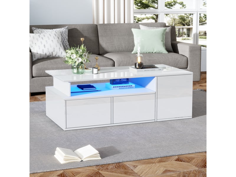  Table basse rectangulaire blanc avec 2 tiroirs - 50x100 cm led panneau de particules table basse blanc - Conforama E