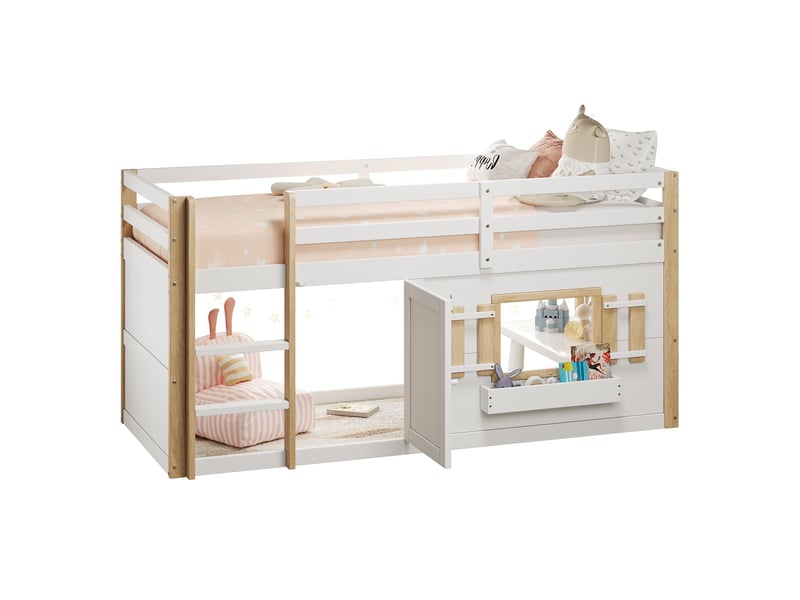  Lit mezzanine enfant 90x200 cm avec espace de jeu inférieur-échelle et barrières-structure en bois-blanc  - Conforama A