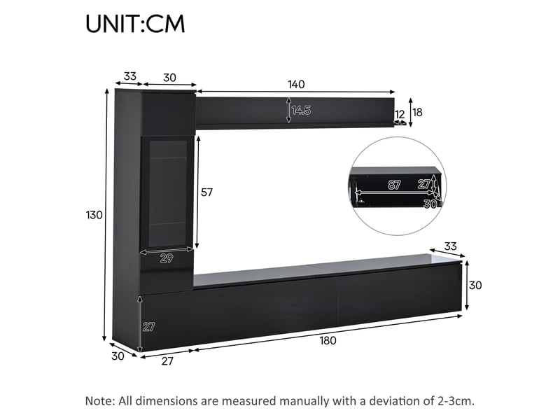 Ensemble meuble tv mural noir 3 pièces avec éclairage led, vitrine et étagère suspendue, pour téléviseur jusqu'à 80 pouces - Conforama C