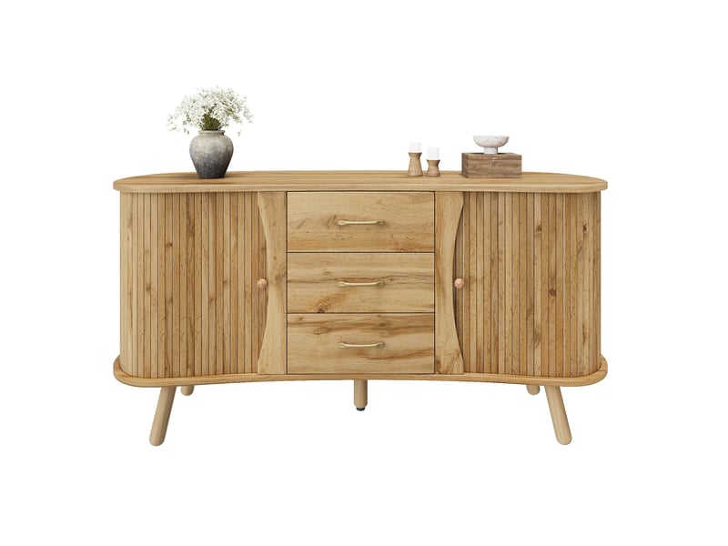  Buffet bas 150x36,5x75 cm, 2 portes coulissantes, 3 tiroirs, mdf et bois, naturel  - Conforama A