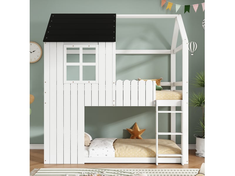  Lit mezzanine 90x200 cm forme maison avec escalier à trois marches en pin et mdf blanc et noir  - Conforama C
