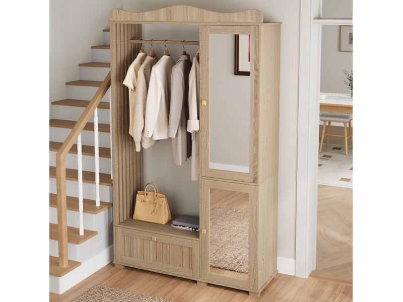  Armoire penderie 115,5x38,5x194,5 cm – bois clair – miroir intégré, rangement ouvert et tiroirs  - Conforama E