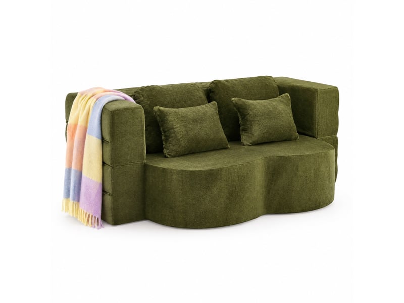 Canapé droit convertible 2 places avec 4 coussins, en tissu flanelle vert - Conforama A