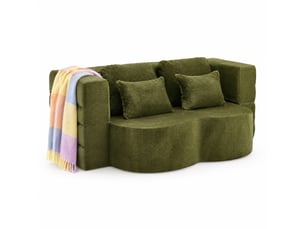 Canapé droit convertible 2 places avec 4 coussins, en tissu flanelle vert