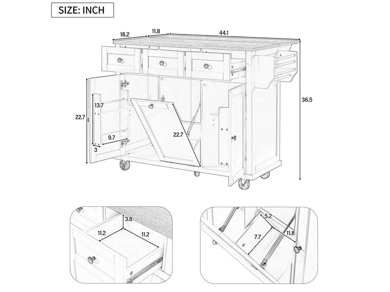 Îlot de cuisine mobile extensible 112x46,2-76,2x92,7 cm roulettes, portes, tiroirs, compartiment poubelle, en mdf, gris+naturel - Conforama C