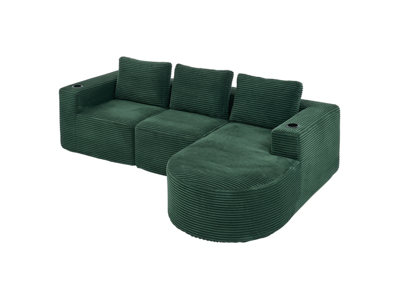 Canapé 2 places en velours côtelé compact 265 cm avec méridienne, 3 coussins et porte-gobelets - Conforama A