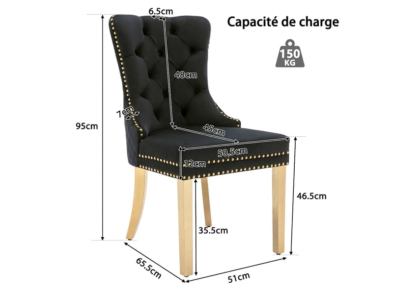  Lot de 6 chaises de salle à manger en velours noir, pieds en acier inoxydable doré, anneau au dos  - Conforama C