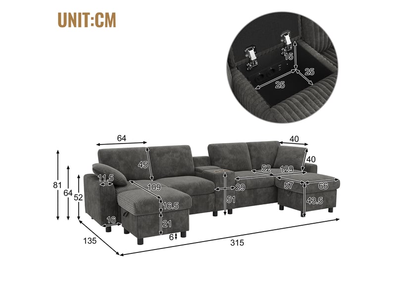 Canapé en u 4 places 315x135 cm – gris – velours côtelé, 2 poufs coffre, table et charge intégrée - Conforama C