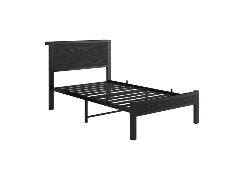  Lit simple 90x200 cm avec tête de lit rangement, cadre de lit adulte avec sommier à lattes métalliques, lit 1 personne, noir  - Conforama B