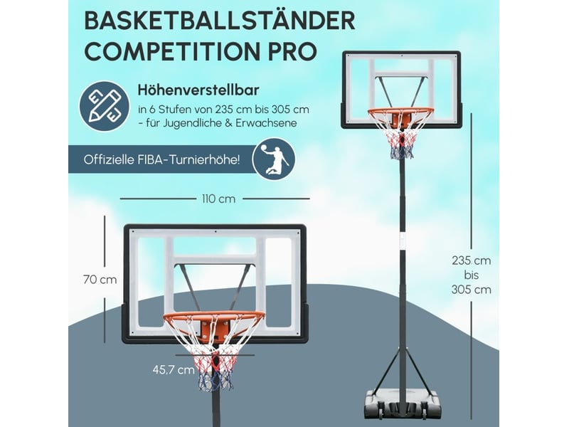  Panier de basket sur pied 90x165 cm – noir – hauteur réglable 255 à 305 cm avec roulettes pour intérieur et extérieur  - Conforama E
