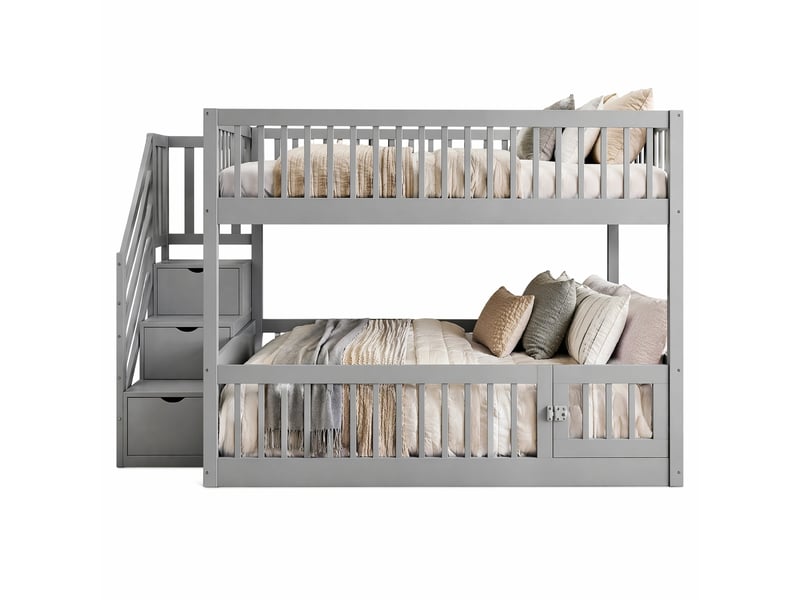  Lit superposé 140x200 cm gris avec escalier à tiroirs et barrières de sécurité  - Conforama A