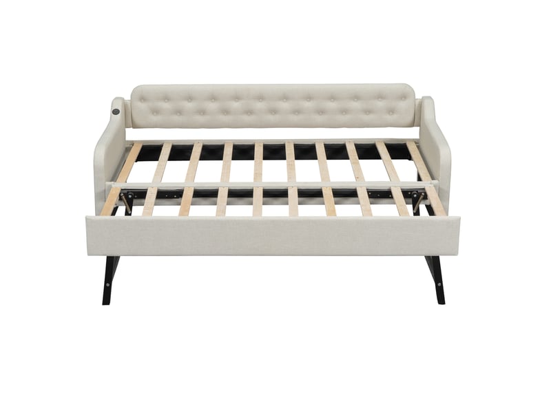  Canape lit 90x200 cm avec lit gigogne à roulettes, lit enfant avec prise usb, cadre de lit 2 personnes en beige  - Conforama B