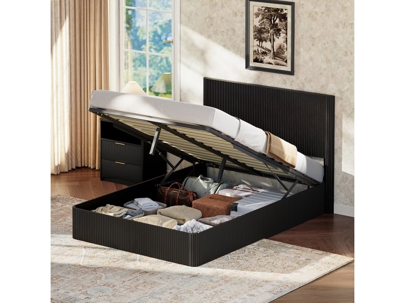  Lit double à vérins 140 x 200 cm, cadre de lit adulte avec sommier lattes, noir, lit double rembourré  - Conforama C