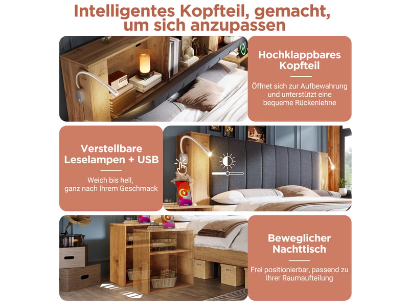  Lit double, lit 2 personnes 160x200 cm, rangement intégré, chevets intégrés, usb, lampe de lecture, matelas inclus, lin chêne  - Conforama R