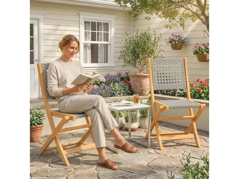  Ensemble de 2 chaises de jardin pliantes en rotin pe et bois d'acacia, supporte jusqu'à 160 kg, gris  - Conforama C
