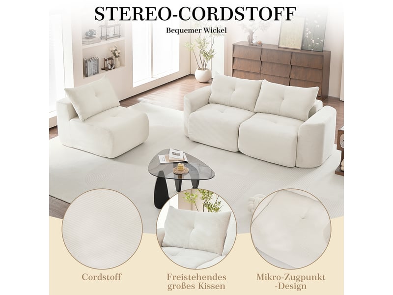 Canapé modulable compression 3 places,velours côtelé,279x100x84cm,configuration 2+1 avec assise amovible,sans montage,beige - Conforama E