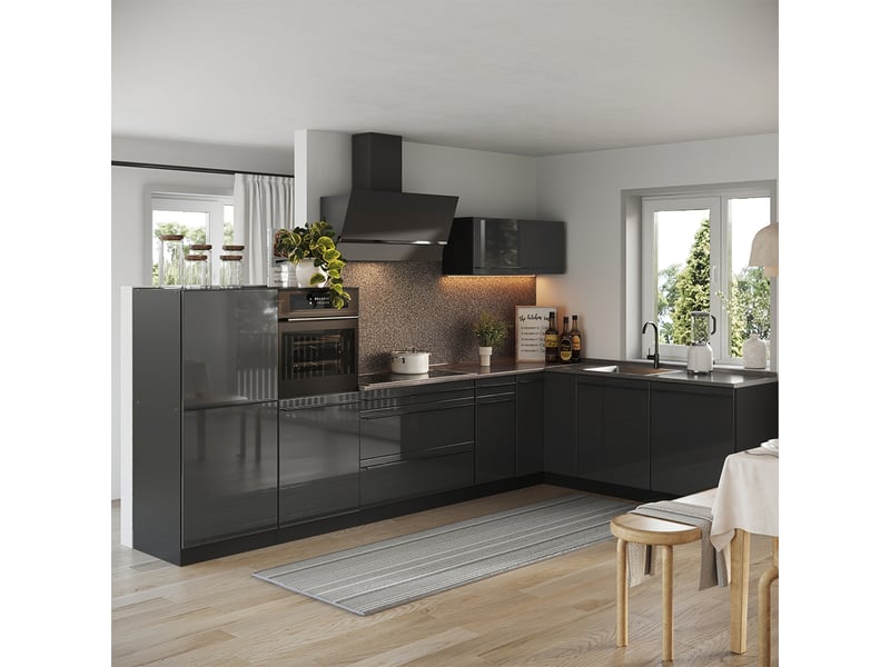Vicco cuisine en angle, anthracite haute brillanceanthracite, 347 x cm plan de travail chêne doré - Conforama C