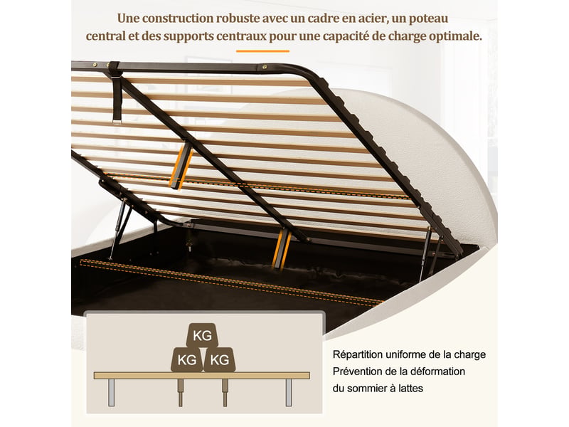 Lit coffre bouclé blanc à tête de lit arrondie 160 x 200 cm Fay Lum - Conforama E