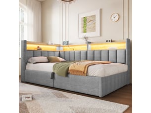 Lit coffre 90 x 200 cm avec rangement hydraulique, led et usb-atype-c, lit simple rembourré en velours gris avec rangements latéraux réversibles