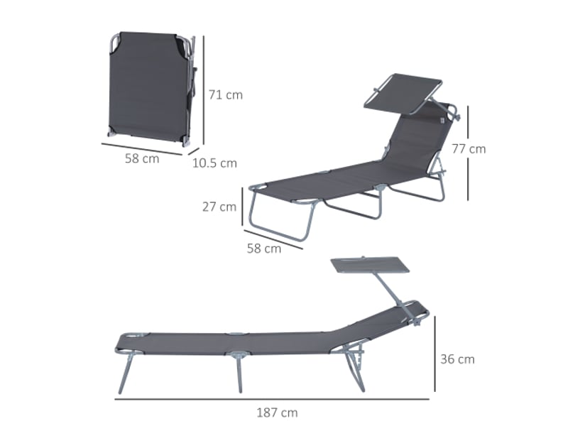 Chaise longue pliante gris, pare-soleil, 187 x 58 x 36 cm, pour plage et terrasse - Conforama C