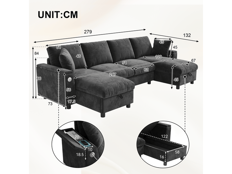  Canapé panoramique 2 places gris en chenille, 279 × 135 × 84 cm, avec rangement et usb et type-c, pour salon  - Conforama B