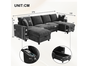 Canapé panoramique 2 places gris en chenille, 279 × 135 × 84 cm, avec rangement et usb et type-c, pour salon