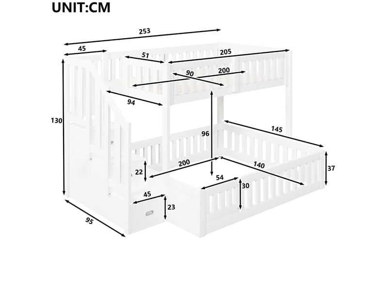  Lit superposé bas 90x200+140x200 cm, escalier rangement, 3 marches barrières, pin mdf blanc sans matelas  - Conforama C