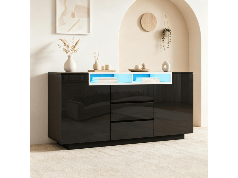  Buffet noir brillant 140 cm avec led - 2 portes 3 tiroirs - meuble salon de rangement  - Conforama D